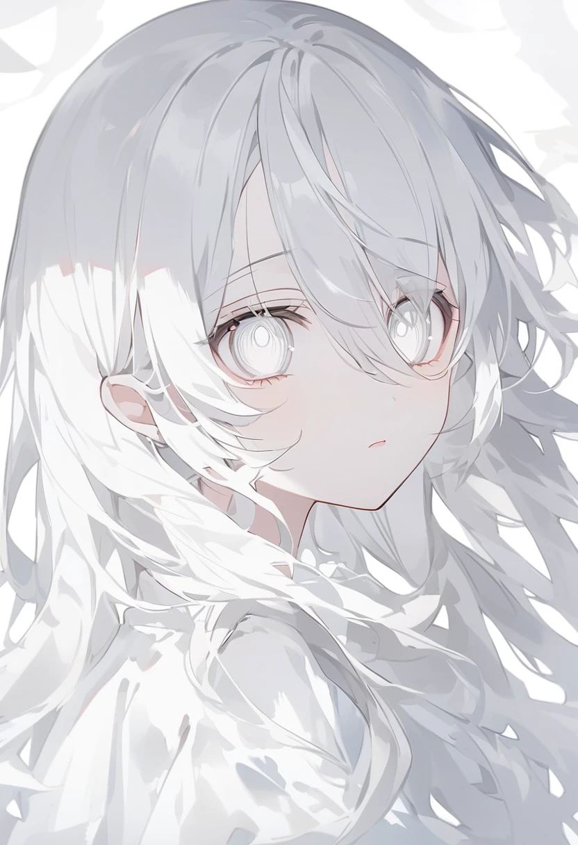 eyes white、eyes whiteで塗り潰されている、All eyes are white、真っWhite eyes、(White eyes)、White of the eyes、White skin、pure white、Lifeless、Anime Style、One person、One personの少女、off white色、off white、Girl、Light white hair、Hair color is off white、Thin hair white、Long Hair、Eye color is pale white、Pale white eyes、Off-white eyes、White eyes、真っWhite eyes、All of the eyes are off white、All-white girl、off white色のGirl、White background、White background、White room、There are highlights on the eyes、emotionless、cute、An endearing look、beautiful、eyes white