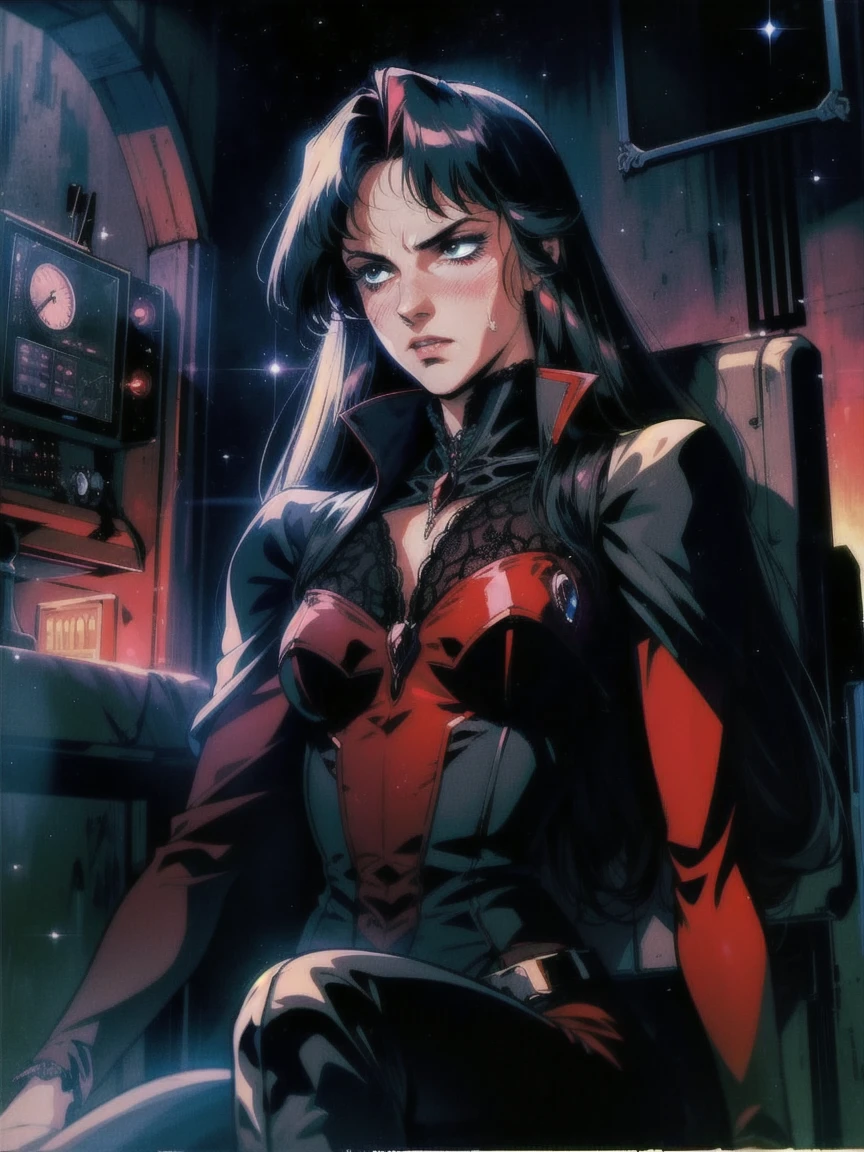 ((((retro anime)) of a gothic vampire piloting a gothic ruby mech)), (from below), close-up, (fisheye), ((gothic (control panels) everywhere)), ((mature)), ((vampiric)), (iridescent bodysuit), lace accessories, dark big lips, ((baroque pilot seat)), ((leaning back sitting pose)), ((elegant)), (((serious tone))), futuristic, top spacecraft control panel, ((dark place)), ((low-light)), intricate control panel details, 1990s (style), [blushing], sweat, masterpiece, claustrophobic, sparkles, red aura, limited colors