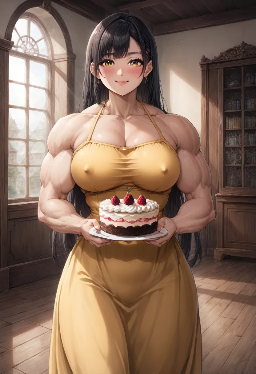 Anime, 2d anime, cartoon anime, detailed illustration, dynamic angle, ultra-detailed, detailed eyes, detailed face, illustration, 1girl, late 20’s year old, Big woman, Asian American, very tall, broad shoulders, silky long black hair, muscular, tone body, a little bulky, muscular arms, wide shoulders, tall woman, happy, shy, embarrassed, blushing, hands together, broad shoulders, large muscles, night time, Evening, standing by a window , in a long flowing yellow sundress, in a nice house, living room, dark wood panel walls, dark hard wood floors, eating a tiny piece of cake, dark outside, night time, luxurious mansion, start night outside the windows, erect nipples, not looking at camera, looking to the side, aroused but embarrassed,