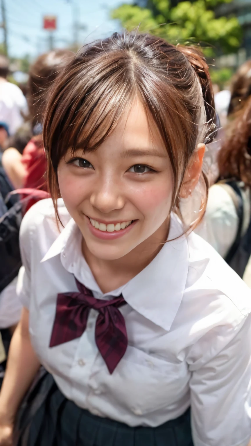 (Realistic、Like a photograph、Live Action、8k, Realistic, RAW Photos, Best image quality: 1.4), Single-lens reflex camera、RAW Photos, Highest quality, Realistic, Very detailedな CG Unity 8k 壁紙, Written boundary depth, Cinematic Light, Lens flare, Ray Tracing, Realistic background、Many people々:1.4、((high school girl:1.4、school uniform:1.3、Uniform skirt:1.3)、Big Breasts)、((ultra high density skin))、 1 female,かわいいhigh school girl、((Girls cheering in the schoolyard、support、(whole body:1.5)、Smiling at school))、Pink inner color hair、short hair:1.2、Tie your hair with a hair clip、I like that style、stylish、Very detailed、Pay attention to the details、Perfect outfit、(Sunburned skin)、Beautiful feet:1.1,front