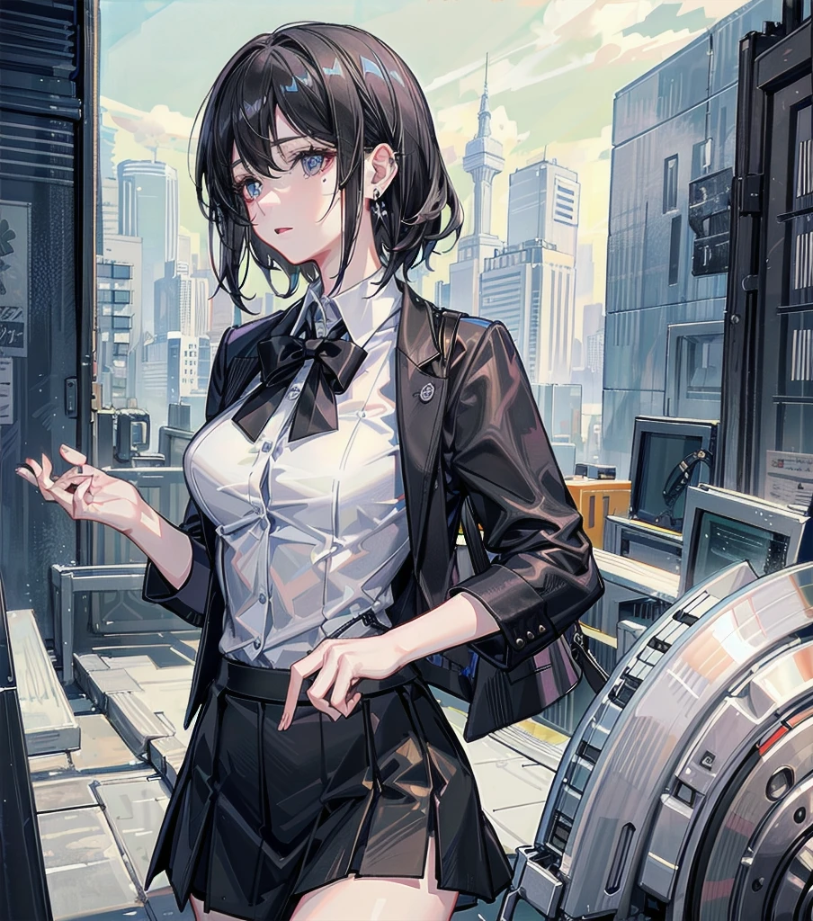 RAW photo, extremely delicate and beautiful, masterpiece, Best Quality, ultra high resolution, 16k, photorealistic, ultra detailed description, pale skin, in her 20s, whole body, medium tits, medium hair, black hair, tearful mole, earring, business suit, skirt,