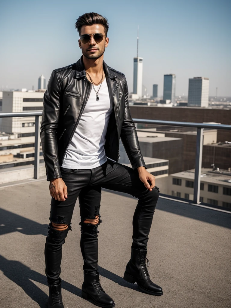 A modern and confident man, wearing a black leather jacket, a basic white t-shirt, and high-quality ripped jeans, paired with sturdy leather boots. He is in a contemporary urban setting, such as an industrial loft or a rooftop bar. He is accessorized with a leather bracelet and aviator sunglasses. His posture is relaxed yet commanding, with a slight confident smile. The image should convey attitude and style.