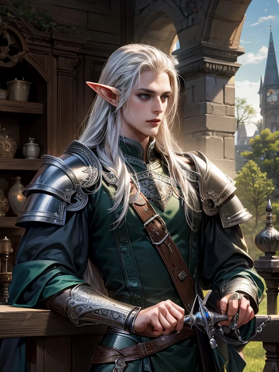 top quality, fotorealistisch, 16K, High Resolution, Unity 16K Hintergrundbild, High Resolution, ultrascharf, Meisterwerk, ((Meisterwerk)), best quality, ausdrucksstarke Augen, Meisterwerk, hochdetaillierte, exquisite Charakterkunst, epischer Fantasy-Digitalkunststil, detaillierte digitale 3D-Fantasy-Kunst, masculine, a male tall strong adult elf with long silver hair and forehead and green eyes in silver chain mail armor and armor, wearing a sword