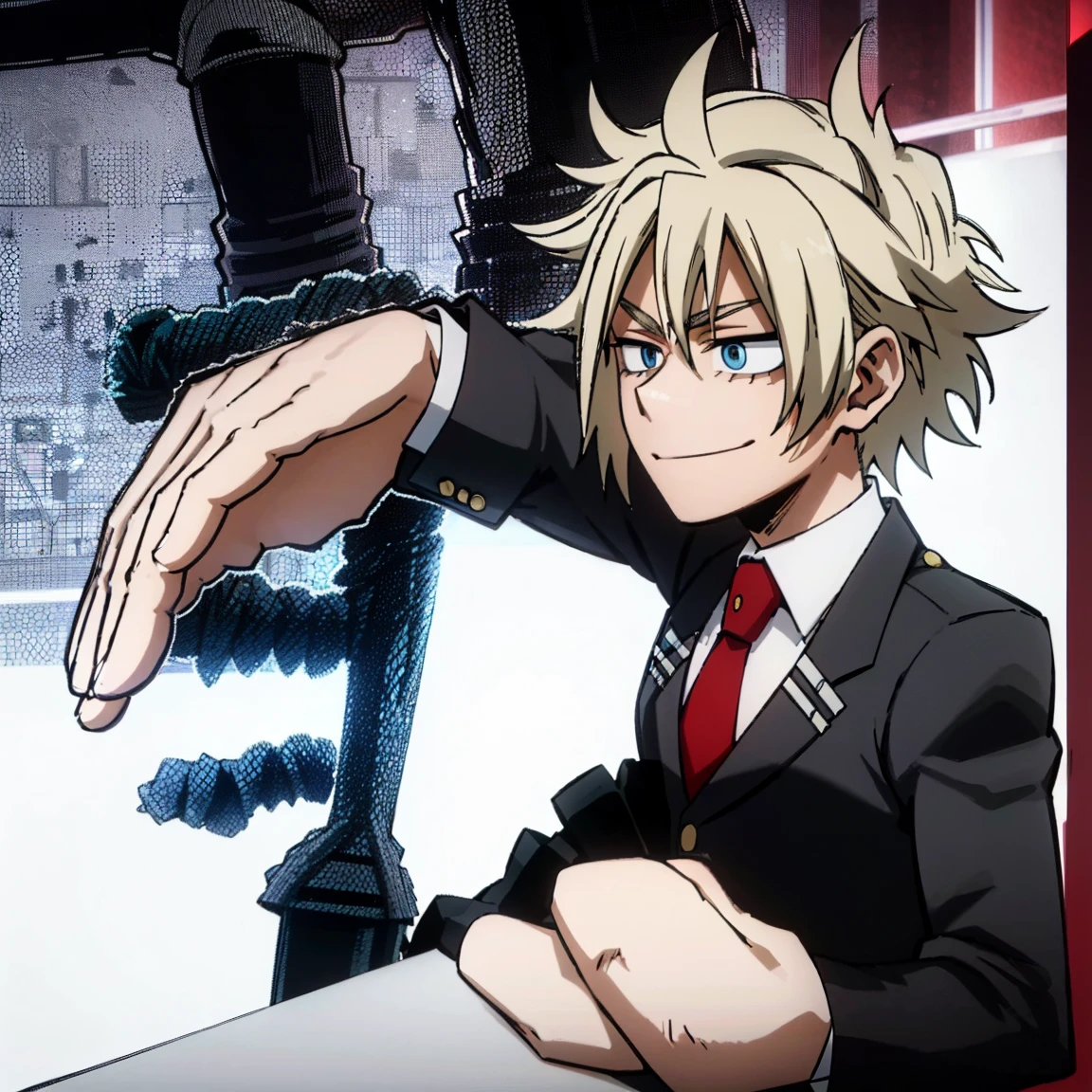 1boy, male focus, boku no hero academia, masterpiece, best quality, very aesthetic, muscular body, neat spikier on each end hair, blonde hair, blue eyes, smirk, gray jacket, red tie, white shirt, teal pants, boots 