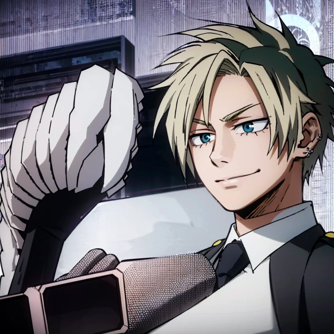 1boy, male focus, boku no hero academia, masterpiece, best quality, very aesthetic, muscular body, neat spikier on each end hair, blonde hair, blue eyes, smirk, gray jacket, red tie, white shirt, teal pants, boots 