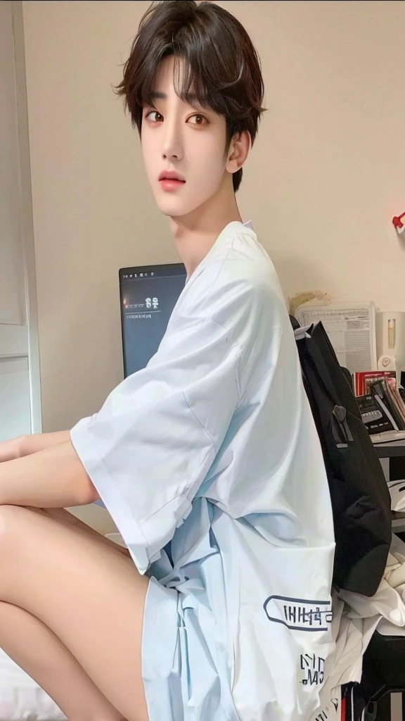 arafed asian woman sitting on a bed with a laptop, con pelo corto, cai xukun, ulzzang, Jaeyeon Nam, Jinyoung Shin, con pelo corto con flequillo, Jung Jaehyun, heonhwa choe, sun yunjoo, Lee Ji Eun, Lee Ji Eun, kim taejin, yanjun chengt, con flequillo, Jungkook, Jeon Jungkook, Jungkook Jeon, K-pop, Korea boy 