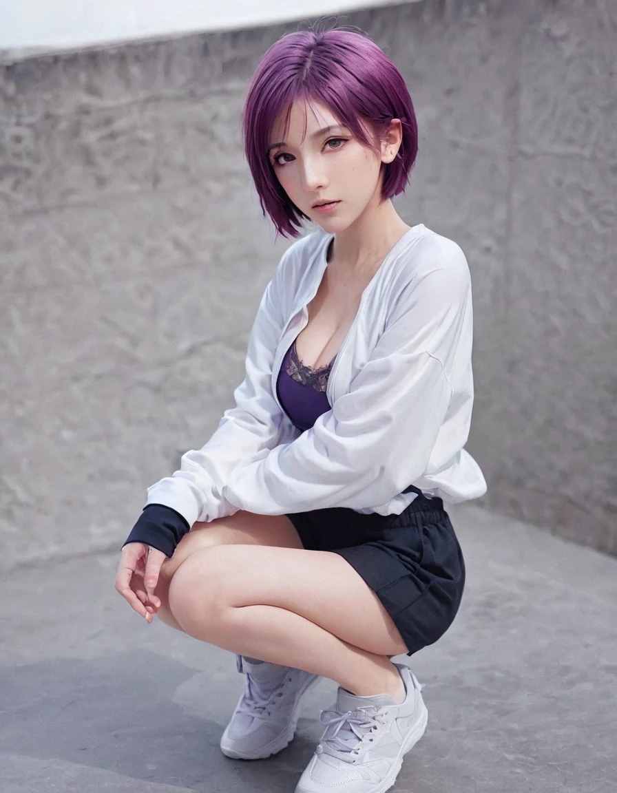 1girl, solo, breasts, blush, looking_at_viewer, short_hair, open_mouth, purple_eyes, purple_hair, shoes, dated, kneeling, traditional_media, sneakers, buruma, sportswear, volleyball_uniform