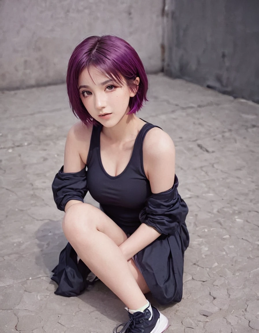1girl, solo, breasts, blush, looking_at_viewer, short_hair, open_mouth, purple_eyes, purple_hair, shoes, dated, kneeling, traditional_media, sneakers, buruma, sportswear, volleyball_uniform