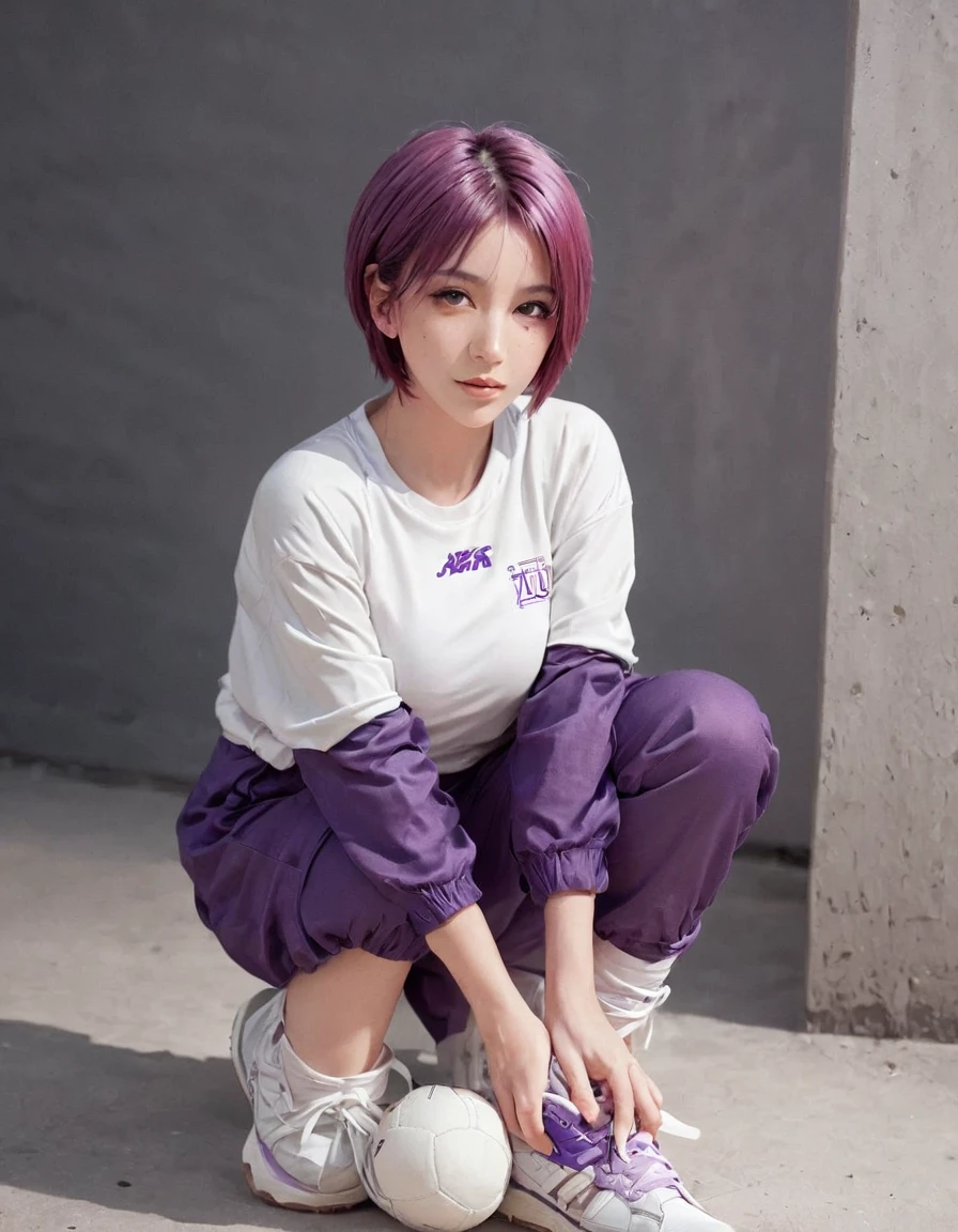 1girl, solo, breasts, blush, looking_at_viewer, short_hair, open_mouth, purple_eyes, purple_hair, shoes, dated, kneeling, traditional_media, sneakers, buruma, sportswear, volleyball_uniform
