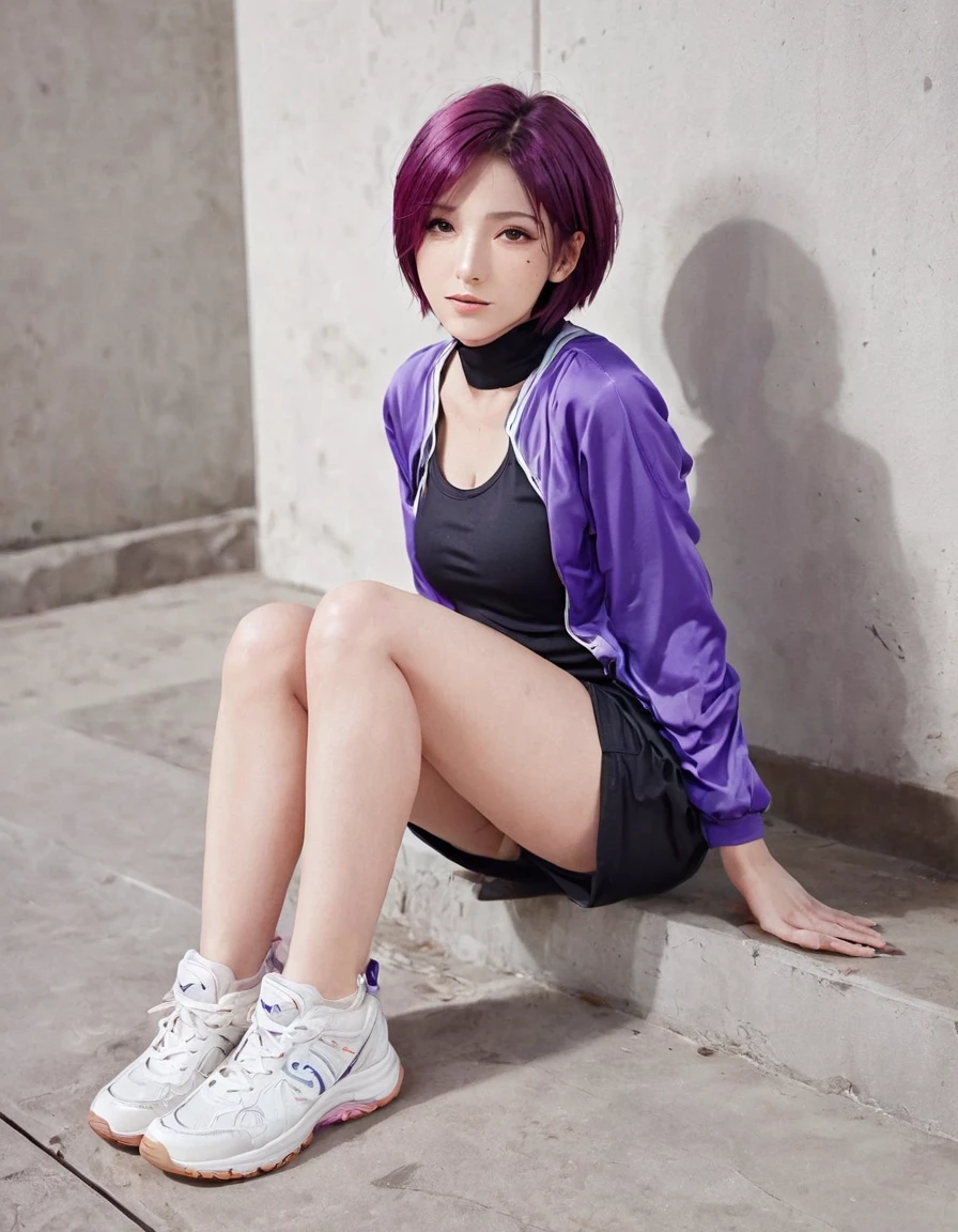 1girl, solo, breasts, blush, looking_at_viewer, short_hair, open_mouth, purple_eyes, purple_hair, shoes, dated, kneeling, traditional_media, sneakers, buruma, sportswear, volleyball_uniform