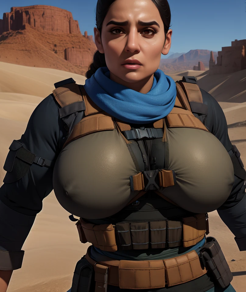 farah enormous massive gigantic big large fat breasts ,black hair,brown eyes,ponytail,
blue scarf, sexy tactical vest exhibitionist ,long sleeves,
standing,upper body ,
desert,town,
(insanely detailed, beautiful detailed face, masterpiece, best quality)solo,