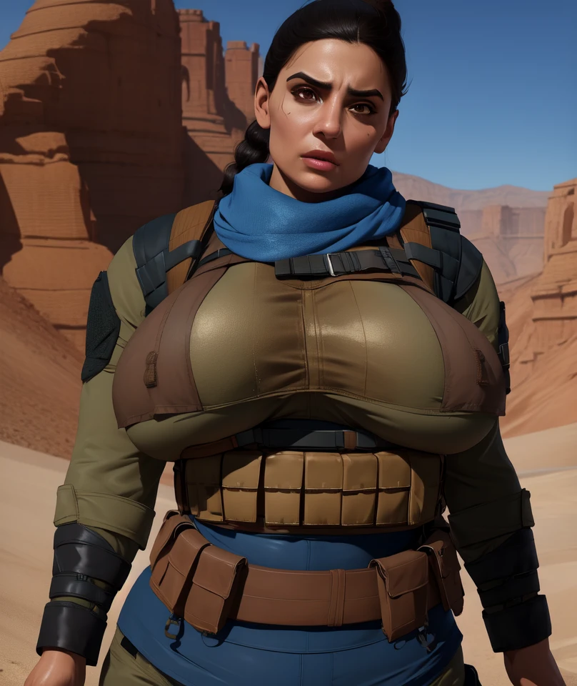 farah enormous massive gigantic big large fat breasts ,black hair,brown eyes,ponytail,
blue scarf, sexy tactical vest exhibitionist ,long sleeves,
standing,upper body ,
desert,town,
(insanely detailed, beautiful detailed face, masterpiece, best quality)solo,