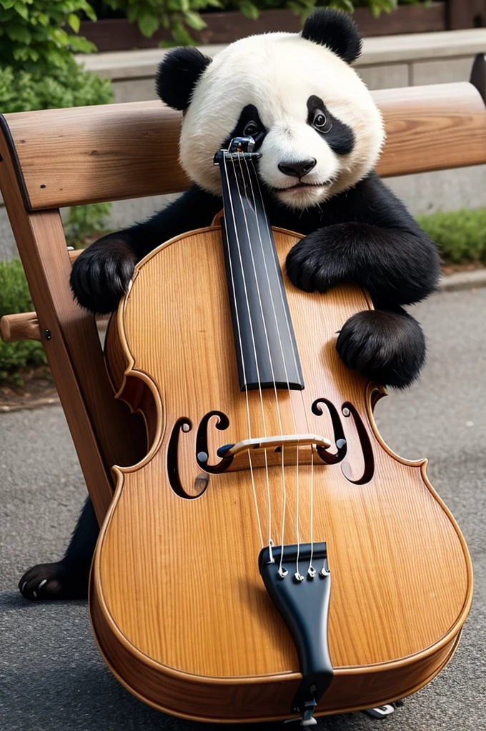 Cute panda playing double bass sitting in a wooden bench