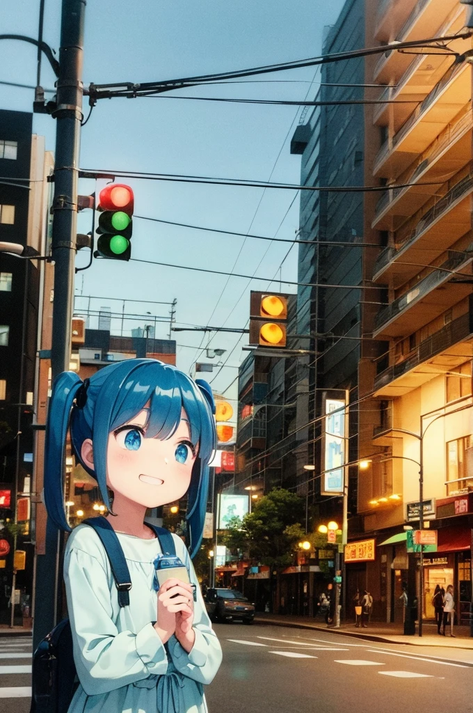 Traffic lights flashing blue against the sky、There is a woman looking up at a traffic light floating in the sky., Light blue long hair、Beautiful girl with twin tails、Bright smile、The traffic light is flashing blue、 Lo-fi art style, Nostalgic and melancholic artwork,