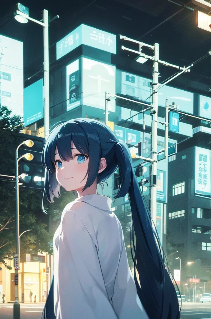 Traffic lights flashing blue against the sky、There is a woman looking up at a traffic light floating in the sky., Light blue long hair、Beautiful girl with twin tails、Bright smile、The traffic light is flashing blue、 Lo-fi art style, Nostalgic and melancholic artwork,