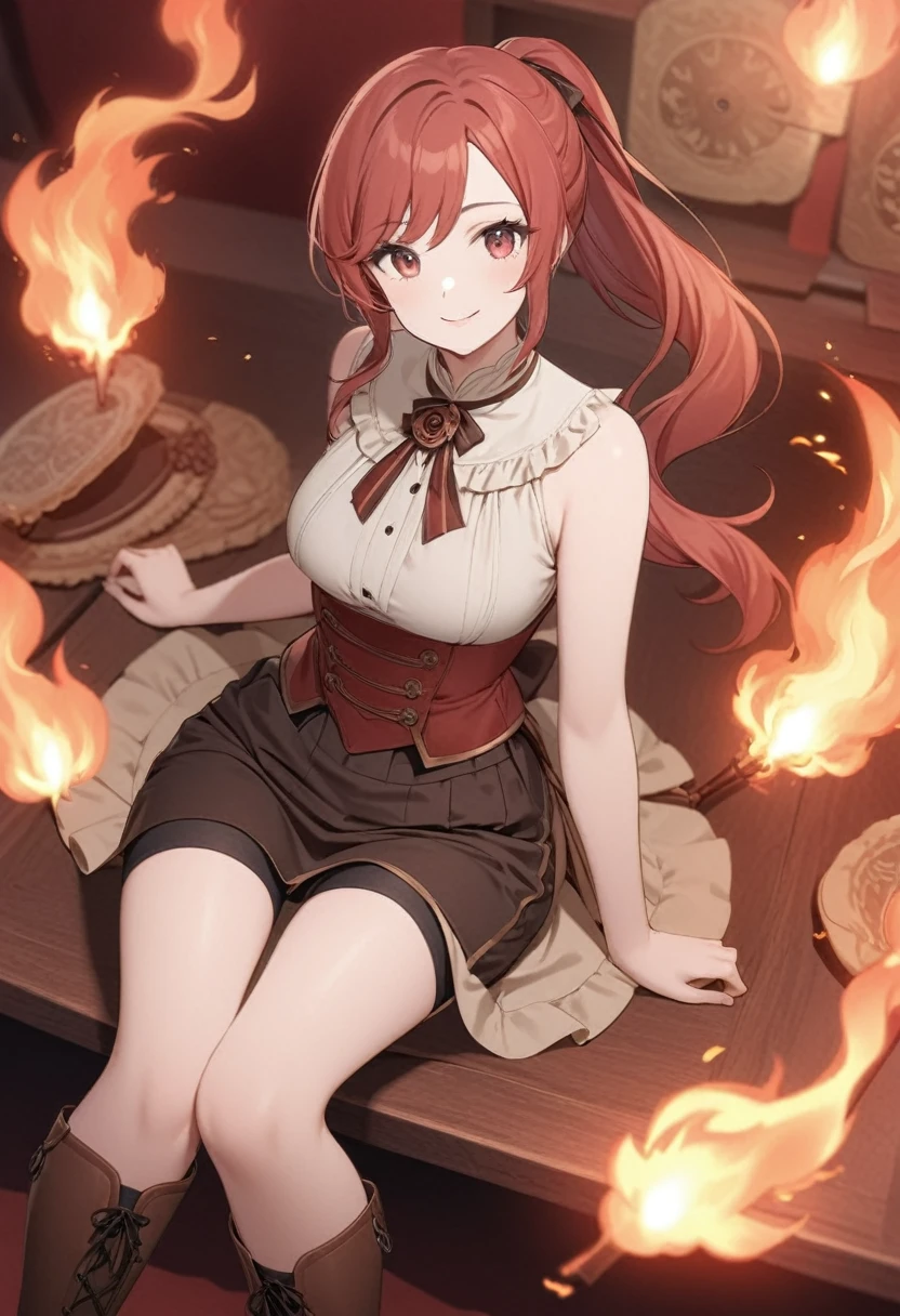 A young orange haired woman with copper eyes and an hourglass figure with orange fox ears and an orange fox tail in a Lolita maid uniform is smiling while setting a table in a fancy maid cafe