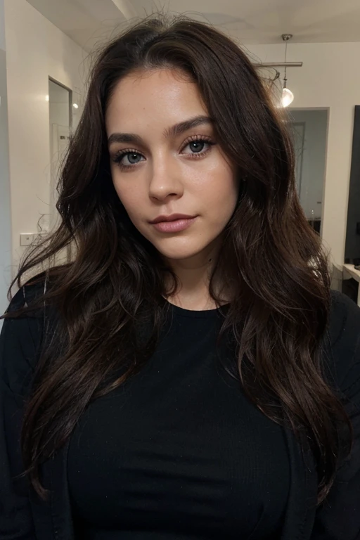 femme de 29 ans, long brown slightly curly hair, yeux bleus, visage parfait, professional makeup like model, C et portant un haut ???? espagnol