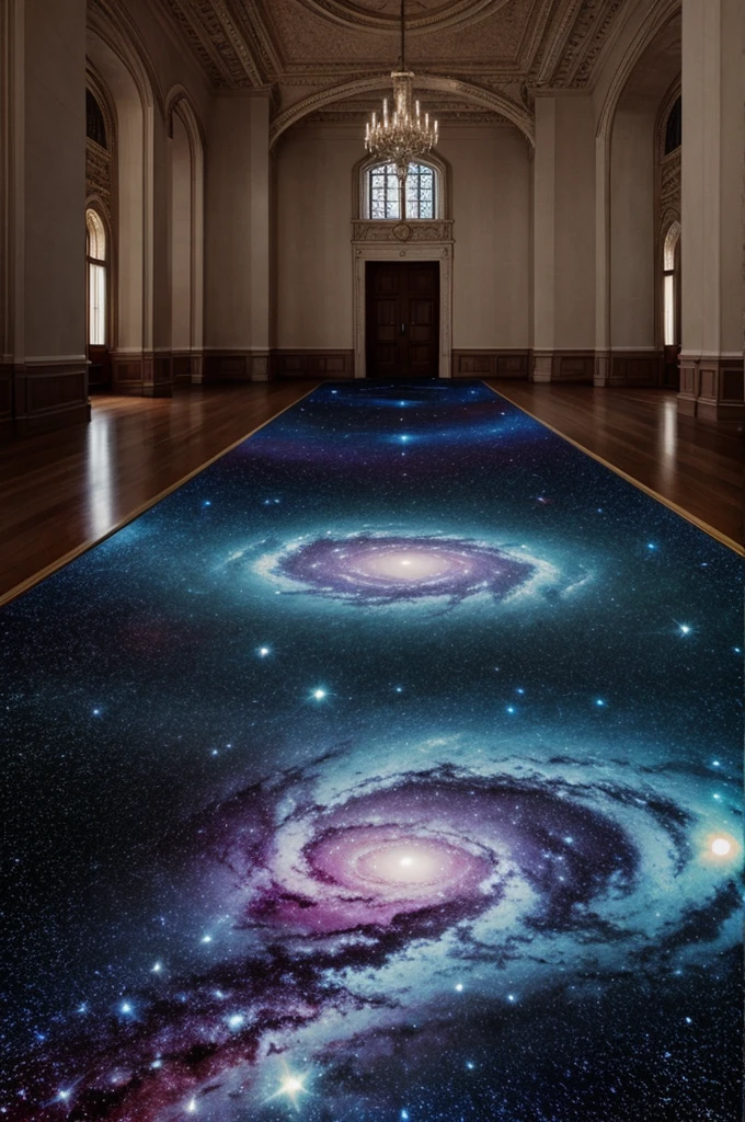 a grand hall, galaxy as floor,