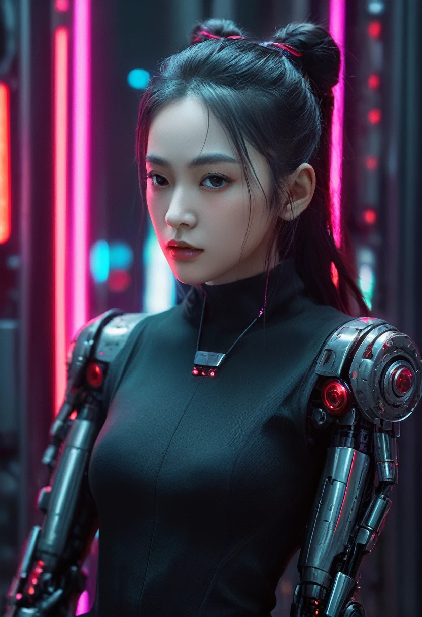 xxmixgirl. Highly detailed professional 35mm film, bokeh, face in sharp focus. A robotic female, Miku, with ((metal skin)), ((perfect Asian eyes)) with magenta irises and ((black pupils)), beautiful serious (detailed face), 18 year old ((photorealistic face)), very long magenta twin tails of magenta hair, twin black hair ties with a single red stripe. She may have a black audio headpiece. We can see her ((full body)) down to her boot soles. Her outfit is a sleeveless collared light grey shirt, outlined in red around the frilled collar and hems. Shiny reflective ((metallic breast cups, dimpleless)), invisible nipples. She wears black sleeves with red hems that start around her upper arm and bellow out as the sleeves open and extend to her wrists, with wide trumpet red rimmed cuffs. She has perfect robotic (detailed hands). She wears a red colored tie with two horizontal solid parallel black lines halfway across. She wears a fabric black skirt with a horizontal red hem at the bottom all the way around; her (((black skirt wraps around her))) and ((her skirt completely covers)) her robotic waist and thighs. Tall black boots with red bottom soles, a red rim around the top at her thighs. Her mechanical shoulder joints are visible. We can see her robotic legs and robotic neck. Half of her is covered with shiny polished machinery. The background is a distant dark neon futuristic Japanese city, gold, cyan, violet neon, near harbor or mountains.