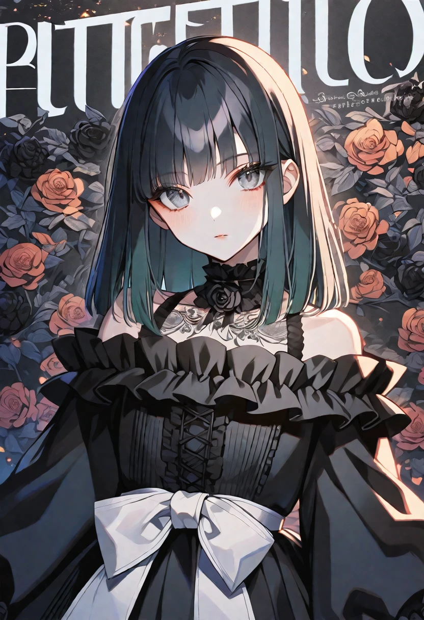 solo, handsome,
1. Female,
Hime cut,Straight Hair,Bob Hair,
black hair,
Nakano Yotsuba,
Grey Eyes,Soft look,ta,butterfly々Tattoo,
black Off Shoulder,Thin knit,
skin,Black Rose,
Stylish bar background,
