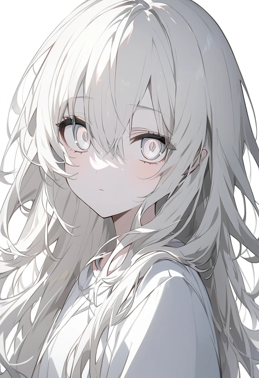 eyes white、eyes whiteで塗り潰されている、All eyes are white、真っWhite eyes、(White eyes)、White of the eyes、White skin、pure white、Lifeless、No highlights in the eyes、Eyes without highlights、Anime Style、One person、One personの少女、off white色、off white、Girl、Light white hair、Hair color is off white、Thin hair white、Long Hair、Eye color is pale white、Pale white eyes、Off-white eyes、White eyes、真っWhite eyes、All of the eyes are off white、All-white girl、off white色のGirl、White background、White background、White room、There are highlights on the eyes、emotionless、cute、An endearing look、beautiful、eyes white