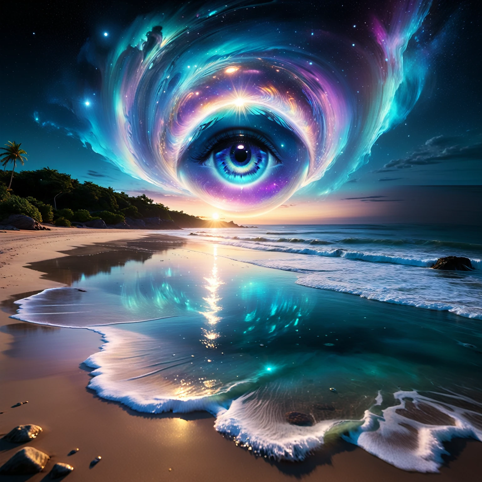 a surreal night scene with a cosmic twist. dark atmosphere vivid colour, From a higher vantage point, capture a pristine beach with a bioluminescent and crystalline sea. The night sky is filled with a majestic swirling galaxy, forming a giant, detailed eye in the sky. The eye's vibrant colors reflect beautifully on the bioluminescent and crystal-clear water below. Le long du rivage, an ethereal woman with flowing hair and a flowing, see-through white dress stands there, contemplant les merveilles de l'univers. eau bioluminescente, gazing up at the cosmic eye. Ensure the reflections of the eye and the cosmos are vividly visible on the sea's surface.The overall dark atmosphere should be ethereal and mesmerizing, highlighting the tranquility and mystery of the night. in 4K resolution. ((tyndtous effect):1.1), ((ciel nocturne exotique):1.2), ((sense of discovery):1.1), (miroiter), (visual experience), (realism), (realistic), award-winning graphics, plan sombre, grain de film, extremely detailed, digital art, RTX, Unreal engine, anti-glare effect scene concept, Le tout capturé avec une mise au point nette.