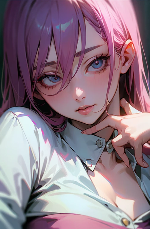 Cool women、sexy、Center of chest、Rize from Chainsaw Man、beauty、Yandere、、Face close-up、Kiss with your eyes closed、Chest tattoo、Christian Dior Necklace、(Putting on makeup)、(Pink hair).