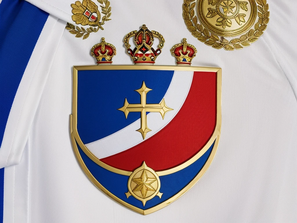 The image shows the crest of the Linares Deportivo football club. The crest is shaped like a traditional shield with a gold border.
On the top left of the crest, on a blue background, there is a symbol that appears to be a representation of the crest of the city of Linares. This symbol is shaped like a beige diamond with jagged edges, inside which is a structure reminiscent of a red and white wall, on blue and white waves representing water. On top of this structure is a yellow symbol that could be a tower or a similar figure.
To the right of this symbol, on a white background, there is a red diagonal stripe running from the top right to the bottom left of the crest. On this stripe is the word "LINARES" in white capital letters.
On the bottom right of the crest, on the white background, there is a brown soccer ball with beige details, representing the sport the club is dedicated to.
The design of the crest combines blue, red, white, gold, beige and brown colors, highlighting both the geographical origin and the sporting activity of the club.