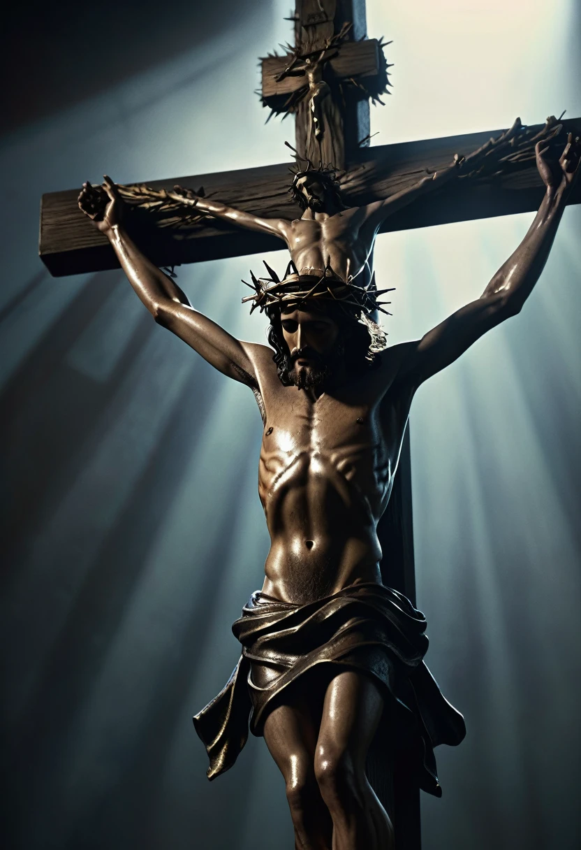 crucifixion of jesus,jesus christ,biblical scene,crucifix,three crosses,thorns crown,religious art,dark moody lighting,dramatic lighting,chiaroscuro,cinematic composition,cinematic camera angle,dramatic shadows,digital painting,highly detailed,intricate details,hyper realistic,photorealistic,8k,masterpiece,award winning
