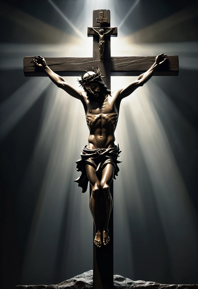 crucifixion of jesus,jesus christ,biblical scene,crucifix,three crosses,thorns crown,religious art,dark moody lighting,dramatic lighting,chiaroscuro,cinematic composition,cinematic camera angle,dramatic shadows,digital painting,highly detailed,intricate details,hyper realistic,photorealistic,8k,masterpiece,award winning
