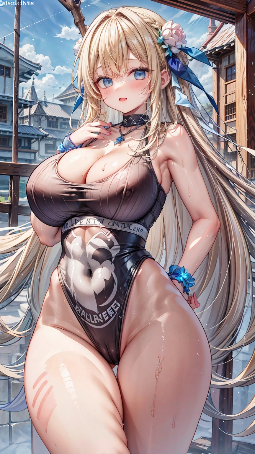 Very detailed、Highest quality、Best image quality、masterpiece、8k、Sparkling blue eyes、Anime Face、A kind smile、(Open your mouth)、(Blonde long hair:1.5)、(SFW Giant:1.5)、(Big Tits:1.9)、ckundies、Cowboy Shot、(White sports thong:1.5)、(highleg:1.8)、(SlightMuscle、Bulky、Bodybuilder、hyper muscle)、(necklace)、(topless)、 panties
