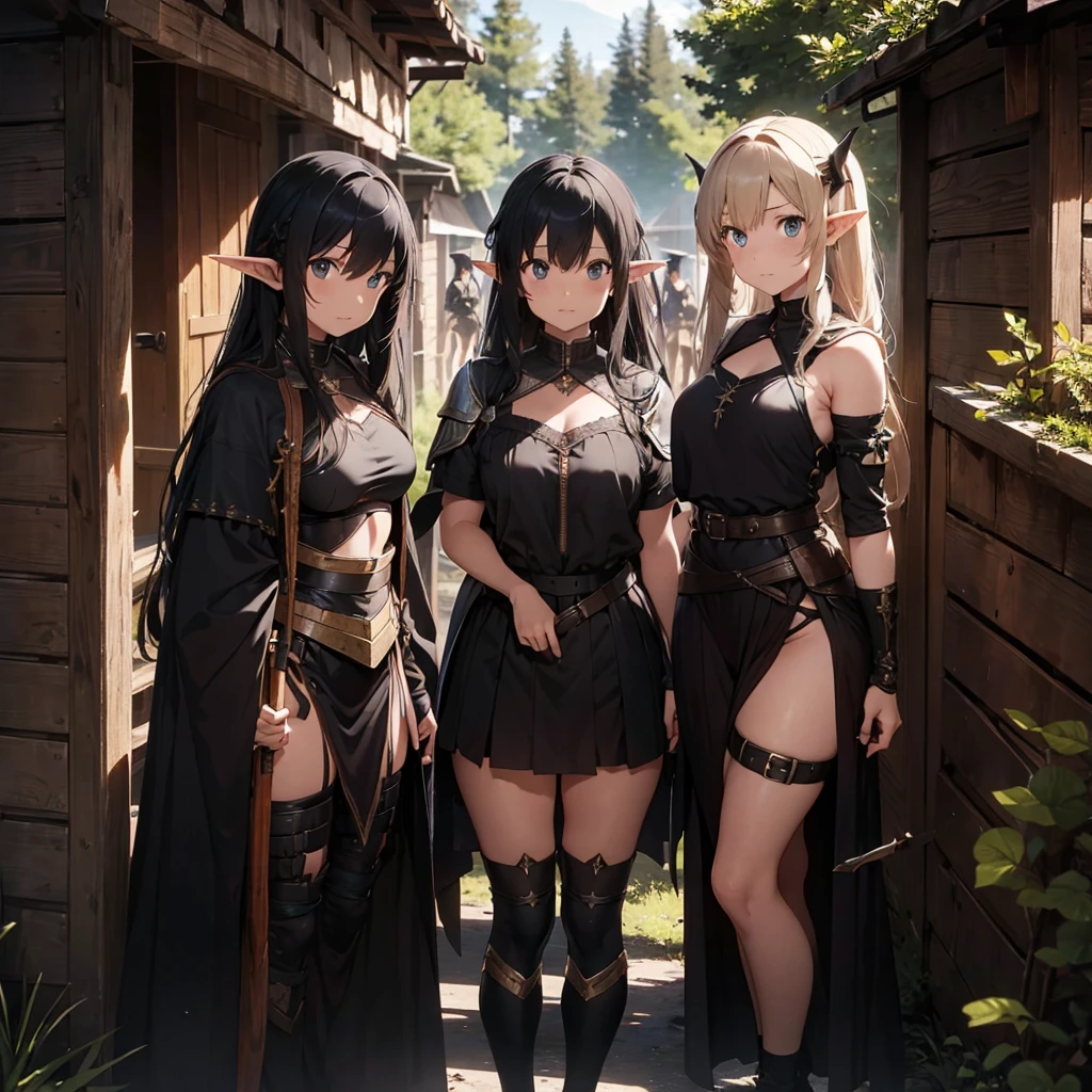 a scene of group of women are posing in wood weapon, BLACK armor, polearm, pointy ears, multiple girl, nature, , elf , BLACK HAIR