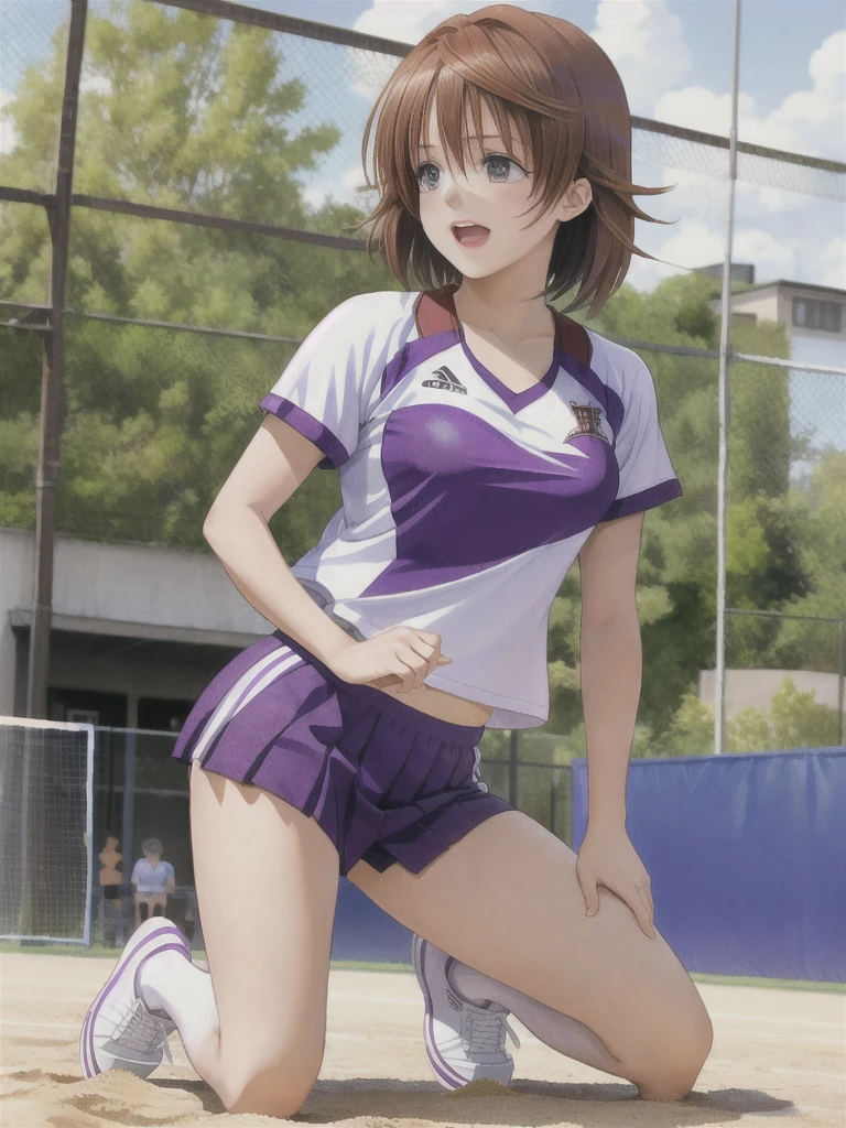 1girl, solo, breasts, blush, looking_at_viewer, short_hair, open_mouth, purple_eyes, purple_hair, shoes, dated, kneeling, traditional_media, sneakers, buruma, sportswear, volleyball_uniform