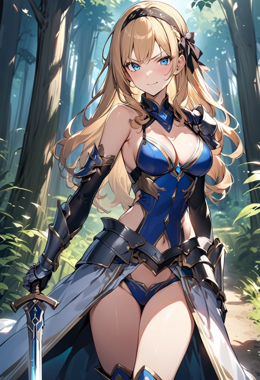 1girl, long hair, blonde hair, drill hair, blue eyes, headband, bikini, armor, detached collar, single pauldron, gauntlets, greaves, showgirl skirt, standing, outdoors, forest, holding sword, smug, looking at viewer, cowboy shot score_9, score_8_up, score_7_up, score_6_up, score_5_up, score_4_up, BREAK source_anime, masterpiece