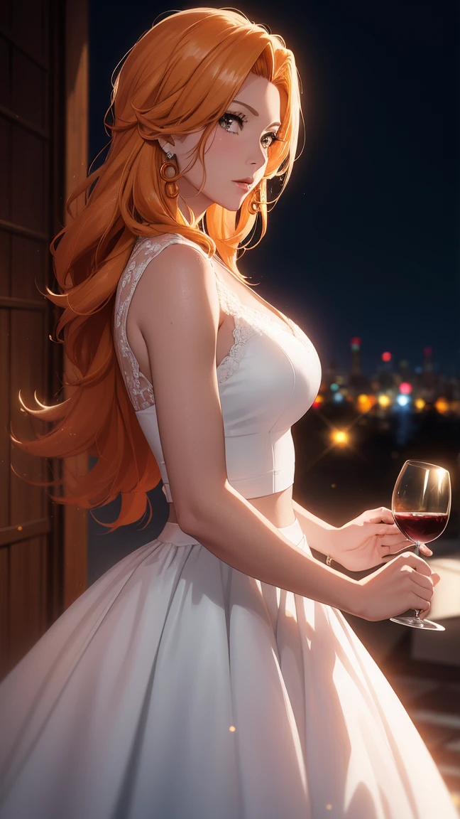 (masterpiece, best quality:1.2), solo, 1girl, Matsumoto rangiku, bleach, orange curl hair, looking at viewer, earrings, midriff, official art, extremely detailed CG unity 8k wallpaper, perfect lighting, (masterpiece:1.0),(best_quality:1.0), ultra high res,4K,ultra-detailed, photography, 8K, HDR, highres, absurdres:1.2,, bokeh:1.2, lens flare, (vibrant_color:1.2),(beautiful_face:1.5),(narrow_waist),(perfect hands, perfect anatomy), breasts, white wedding dress, wedding dress, gala dinner, holding a glass of wine, white dress