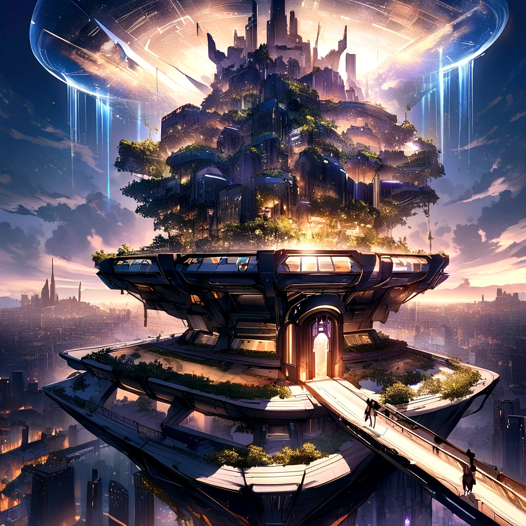 Create futuristic transcendentalist works of art, Imagine a floating city in the sky, The building structure is complex,Technologically advanced. Depict this futuristic city in rich detail, Capture bright lights, Suspended platforms and crisscrossing aircraft