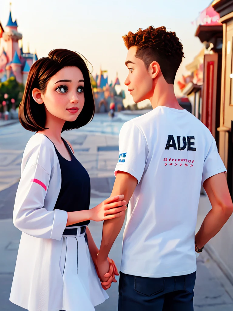 Realistic, Image of a male and female couple、Disneyland in the background、Angle from behind、The neon lights are beautiful、Arms crossed、Stylish clothes、The man has fluorescent writing on the back of his clothes..、For women, The back of the garment is fluorescentＡContains characters、British punk rock style、Make the text on the back stand out、(((((Male and female couple)))))