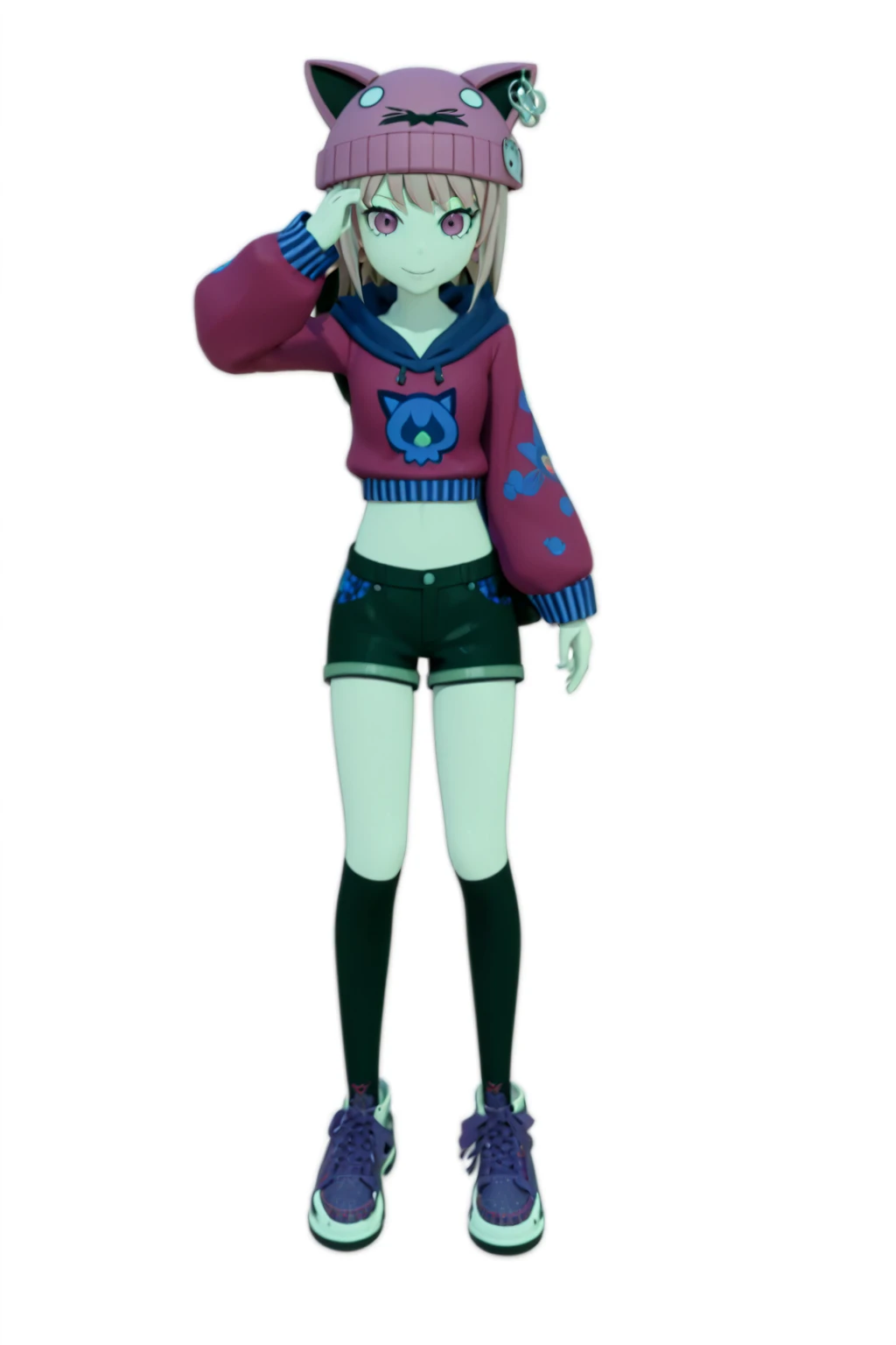 Close-up of a person wearing a cat hat and sweater, chiaki nanami from danganronpa, Single character full body, Cute 3D anime girl render, junko enoshima from danganronpa, Anime VTuber Full Body Model, Danganronpa digital art, Anime-style 3D, Live2D Virtual Youtuber Model、Change the touch of the painting