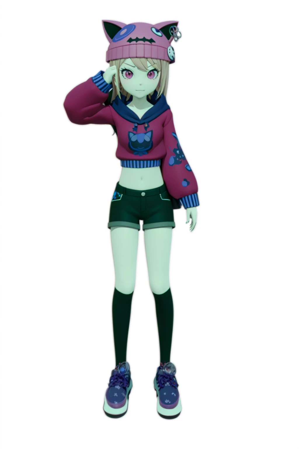 Close-up of a person wearing a cat hat and sweater, chiaki nanami from danganronpa, Single character full body, Cute 3D anime girl render, junko enoshima from danganronpa, Anime VTuber Full Body Model, Danganronpa digital art, Anime-style 3D, Live2D Virtual Youtuber Model、Change the touch of the painting