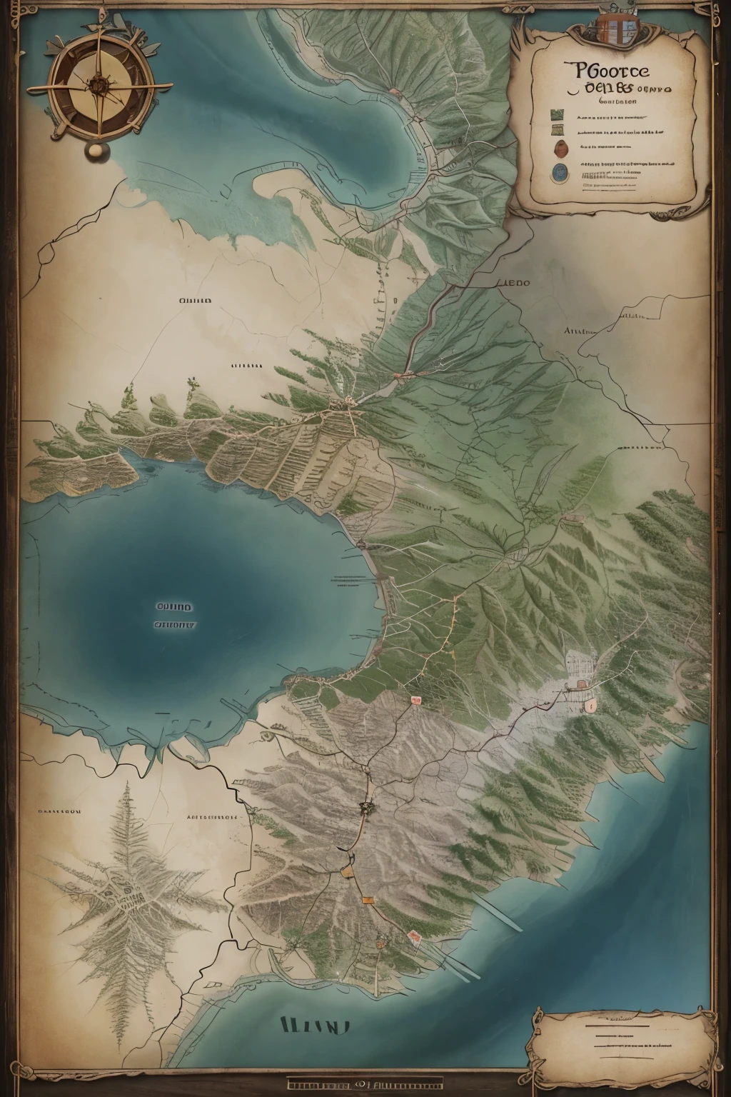 d&d map, topography, forests, desert, mountains, 3 small villages and a main city with a castle
