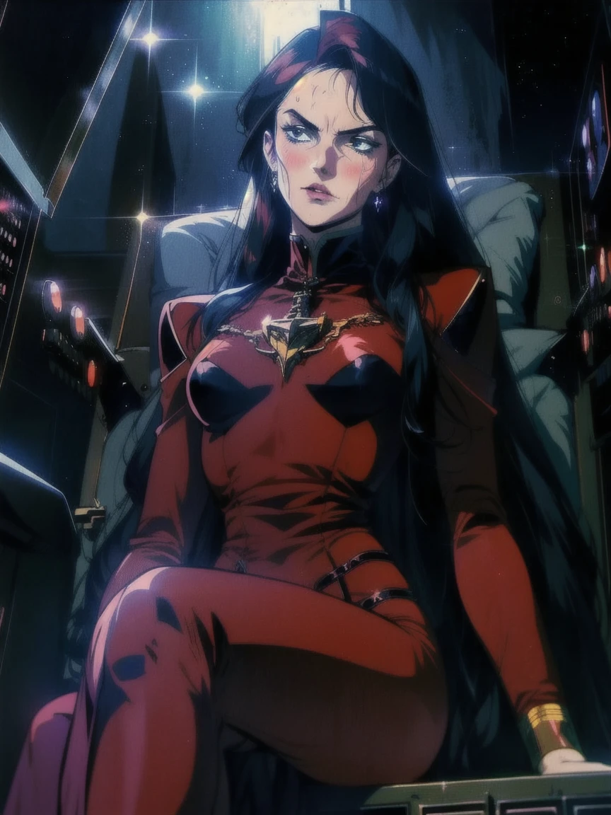 ((((retro anime)) of a gothic vampire piloting a gothic ruby mech)), (from below), close-up, (fisheye), ((gothic (control panels) everywhere)), ((mature)), ((vampiric)), (iridescent bodysuit), lace accessories, dark big lips, ((baroque pilot seat)), ((leaning back sitting pose)), ((elegant)), (((serious tone))), futuristic, top spacecraft control panel, ((dark place)), ((low-light)), intricate control panel details, 1990s (style), [blushing], sweat, masterpiece, claustrophobic, sparkles, red aura, limited colors