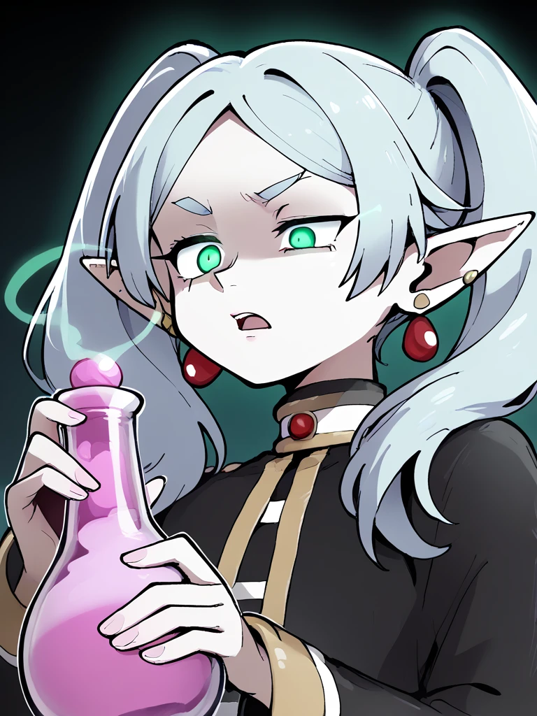 score_9, score_8_up, score_7_up,score_6_up, score_5_up, score_4_up,
disgust,frown,open mouth,
frieren, white aura,green eyes,glowing eye,
long hair, pointy ears, twintails, jewelry, elf, earrings, 
,Dolly zoom,Erotic Photography,black background, (monochrome:1.2), spot color, source_anime, high resolution, Masterpiece,
holding lilac potion, lilac potion, holding,
close up, from below, ilustration, portrate