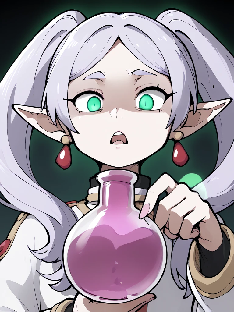 score_9, score_8_up, score_7_up,score_6_up, score_5_up, score_4_up,
disgust,frown,open mouth,
frieren, white aura,green eyes,glowing eye,
long hair, pointy ears, twintails, jewelry, elf, earrings, 
,Dolly zoom,Erotic Photography,black background, (monochrome:1.2), spot color, source_anime, high resolution, Masterpiece,
holding lilac potion, lilac potion, holding,
close up, from below, ilustration, portrate