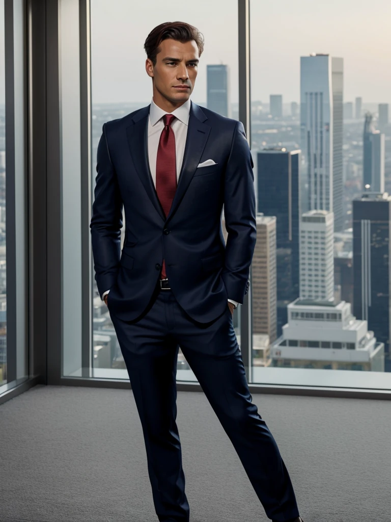 A confident businessman, wearing a navy blue tailored suit, an impeccable white shirt, and a red silk tie. He is in a sophisticated urban setting, such as a modern skyscraper or an office with a panoramic city view. He wears a luxury watch and holds an elegant leather briefcase. His expression exudes determination and success. The surrounding scene is bright, with soft lighting highlighting his features. The image should convey confidence and professionalism.