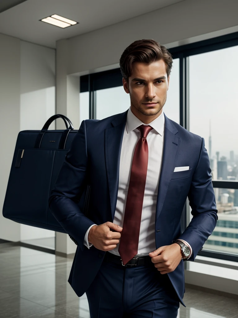 A confident businessman, wearing a navy blue tailored suit, an impeccable white shirt, and a red silk tie. He is in a sophisticated urban setting, such as a modern skyscraper or an office with a panoramic city view. He wears a luxury watch and holds an elegant leather briefcase. His expression exudes determination and success. The surrounding scene is bright, with soft lighting highlighting his features. The image should convey confidence and professionalism.