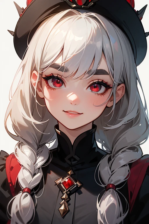 (Highest quality, masterpiece:1.2), High resolution, 最高masterpiece、Very detailed, Realistic:1.37, Fantasy, An illustration,Gray Hair、 Red eyes、Queen, Black Dress、beautifully、Eyeshadow Red、Thick eyebrows、Long eyelashes、pupils are black、shiny on the lips、Top Sites、Queen、Princess、A kind smile、Show your teeth a little and smile、Soft impression、people々々々々々々々Loved by、Slimming the face、Shoulder Bare、Sexy braids、Kissing Face、Long white hair、Shaggy Bangs、Save face image、hat、royal palace、
