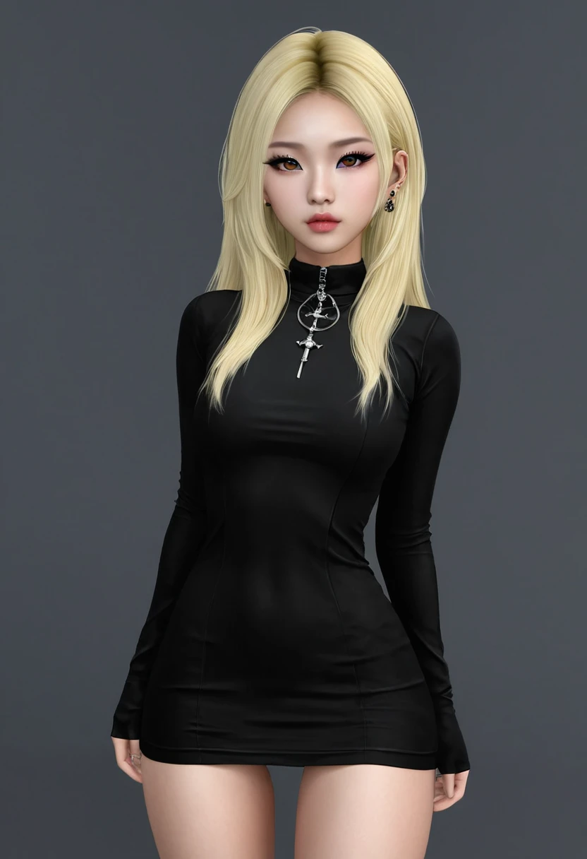 a pretty sexy blonde asian girl with almond eyes and slim body. You can see her entire body and she has everything very well defined. She has moles on her face and piercing. She has long hair. She does different sexy poses. Wear sexy clothes. It's gothic.