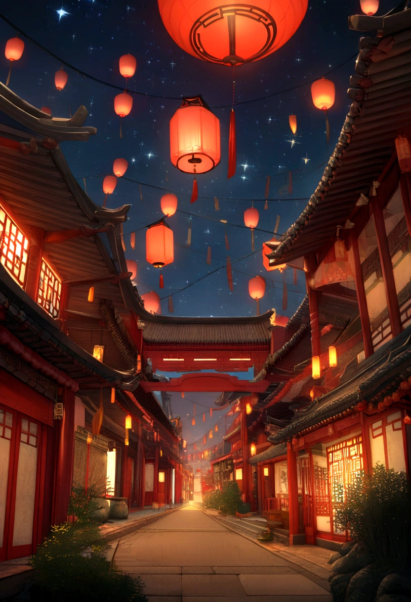 Sky view, ancient china town, historical town, Chinese ancient infrastructure, night, firefly, red lantern, low visibility, stars in the sky, willow trees, 16K, Ultra high definition, Ultra Detailed, Ultra mesmerising,