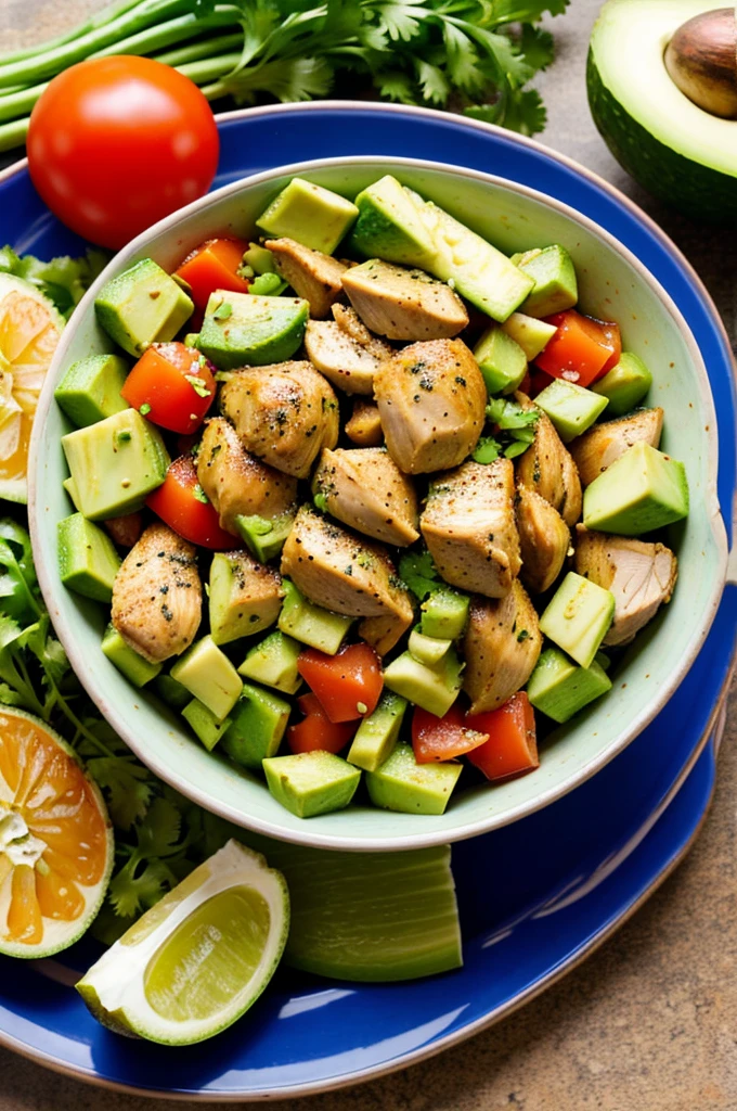 In a large bowl, mezcla el pollo desmenuzado, los cubos de aguacate, la cebolla picada y el tomate.