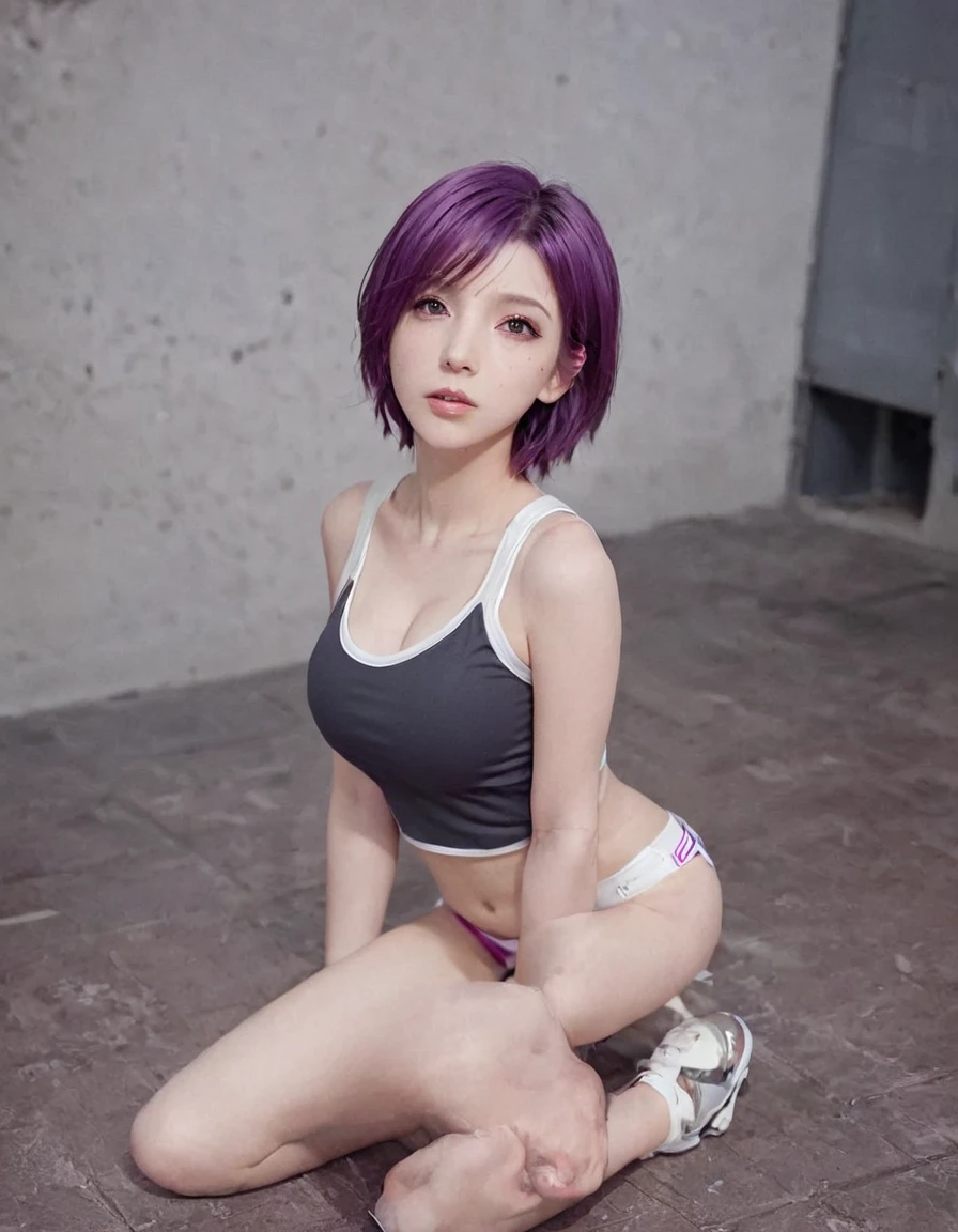 1girl, solo, breasts, blush, looking_at_viewer, short_hair, open_mouth, purple_eyes, purple_hair, shoes, dated, kneeling, traditional_media, sneakers, buruma, sportswear, volleyball_uniform